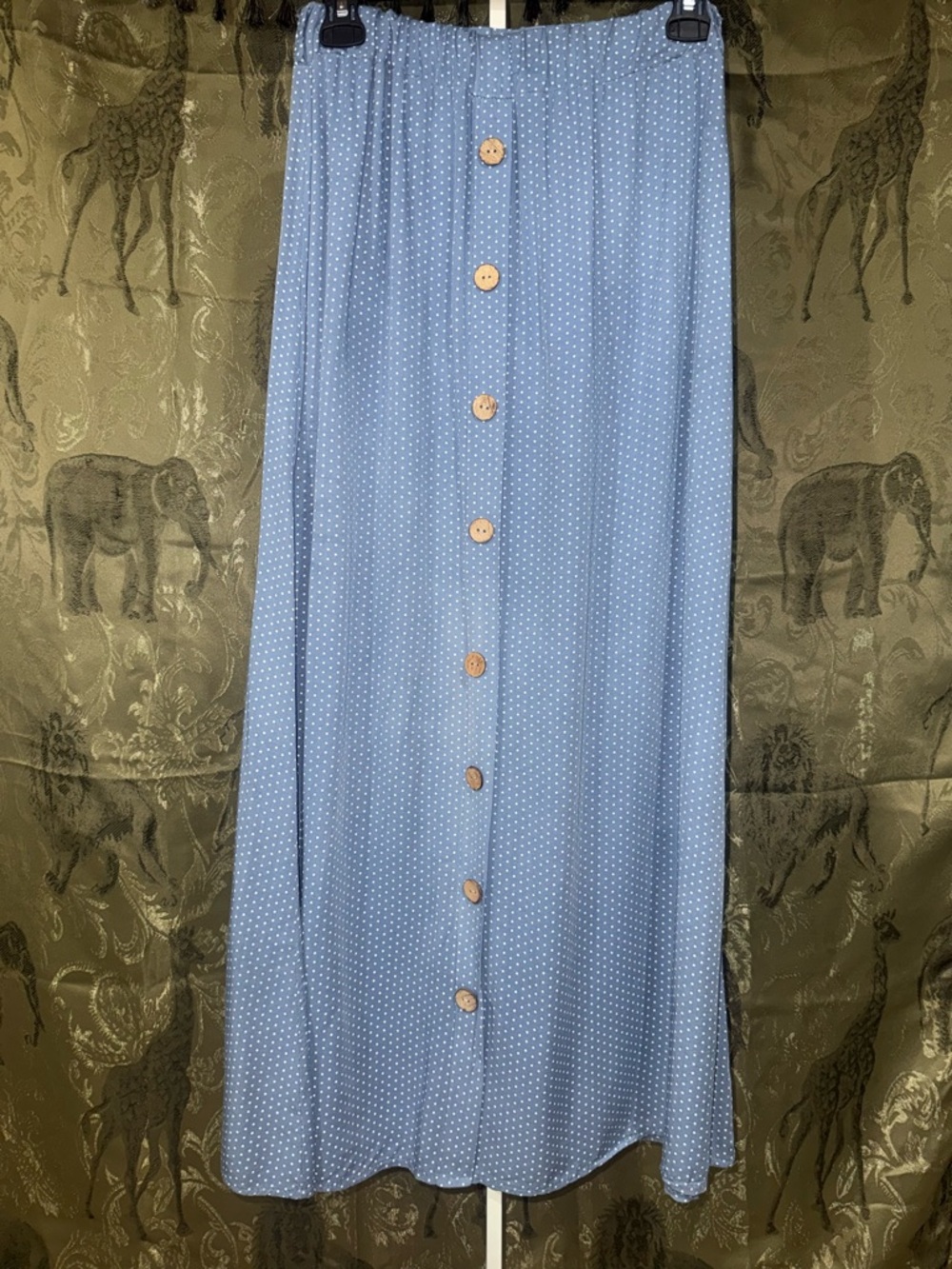 Light Blue Polka Dot Maxi Skirt with Front Buttons